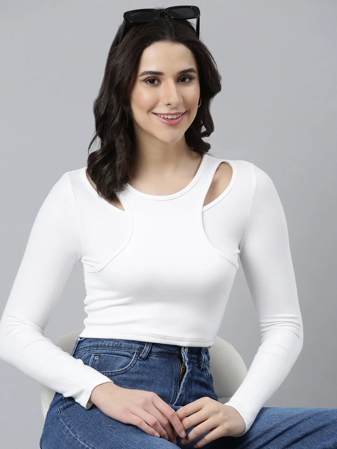 Polka Dot Pattern MoistureWickingFabric Women's Off White Cut Out Fitted Crop Top