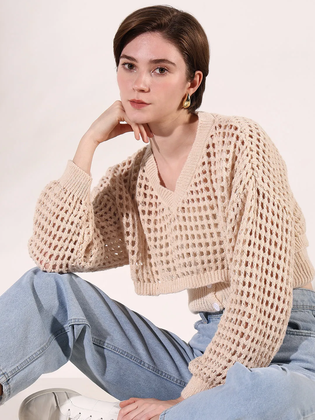 Casual dress Women's Cream V-Neck Crochet Fitted Crop Top with Over top