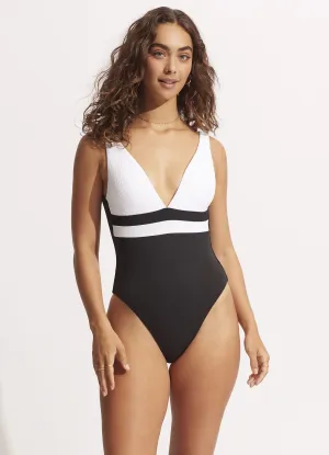 Slice Of Splice Deep V Neck One Piece - White Ocean Getaway Beach Comfort