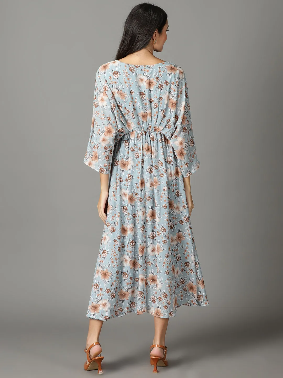 Women's Blue Floral Printed Boat Neck A-Line Maxi Dress Summer Ready