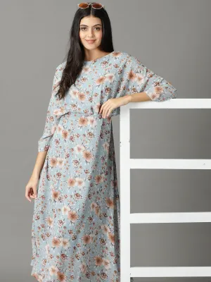 Women's Blue Floral Printed Boat Neck A-Line Maxi Dress Warranty-Included Travel Friendly