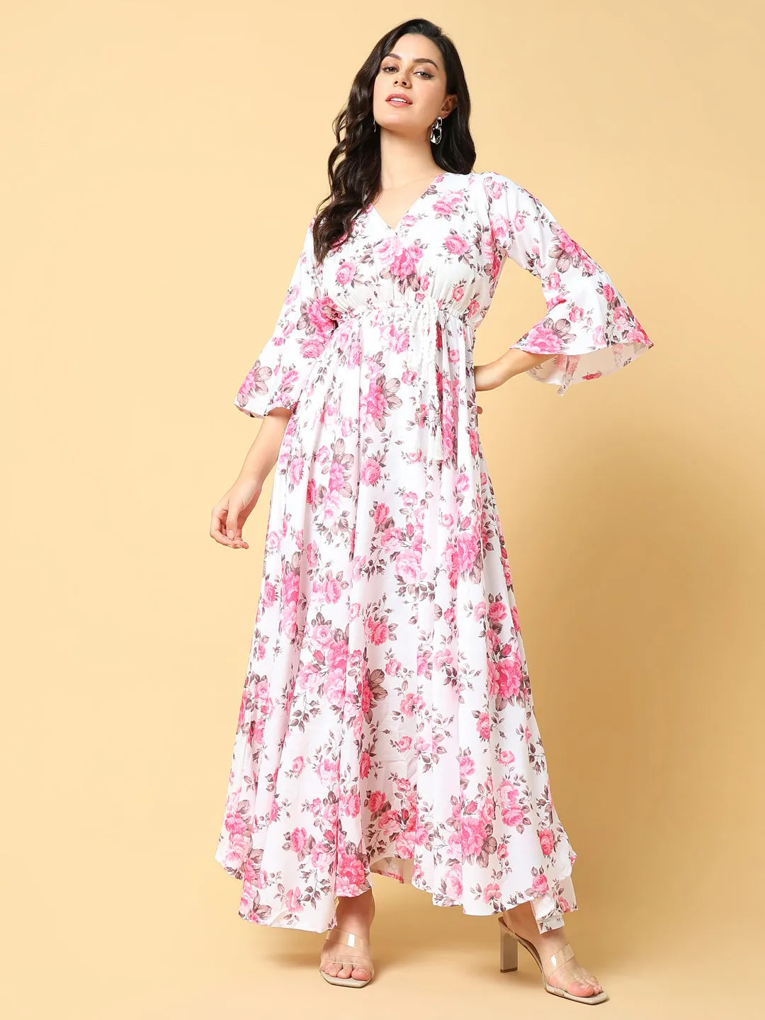 Timeless Vibe Basic Mood Women's Pink Floral Printed Bell Sleeve Fit & Flare Maxi Dress