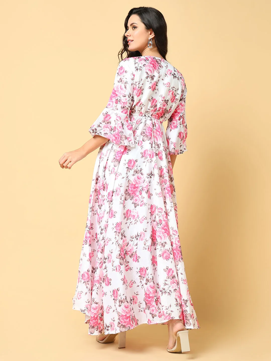 Compressible Women's Pink Floral Printed Bell Sleeve Fit & Flare Maxi Dress
