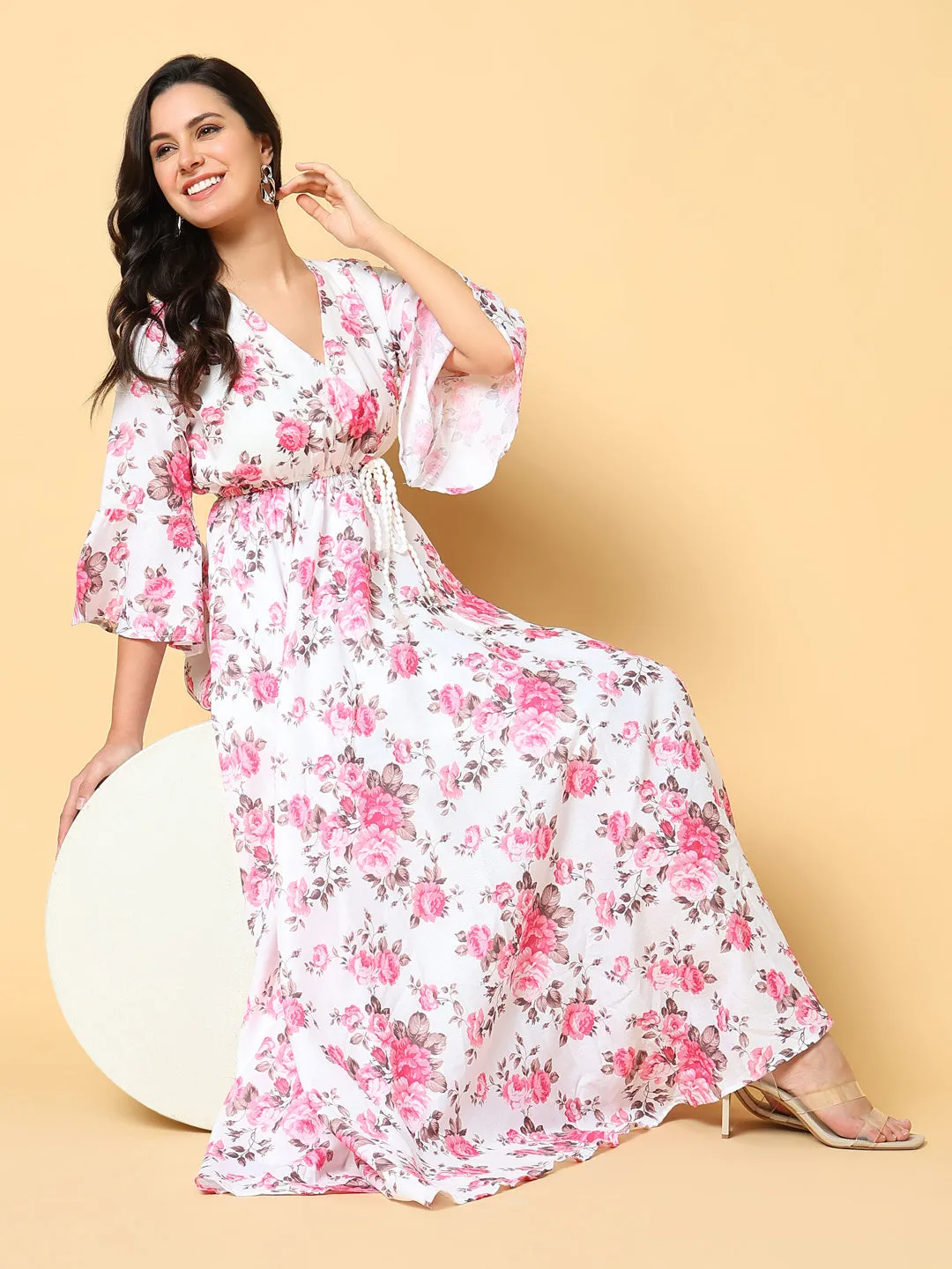 Delicate Edge Grace Color Women's Pink Floral Printed Bell Sleeve Fit & Flare Maxi Dress