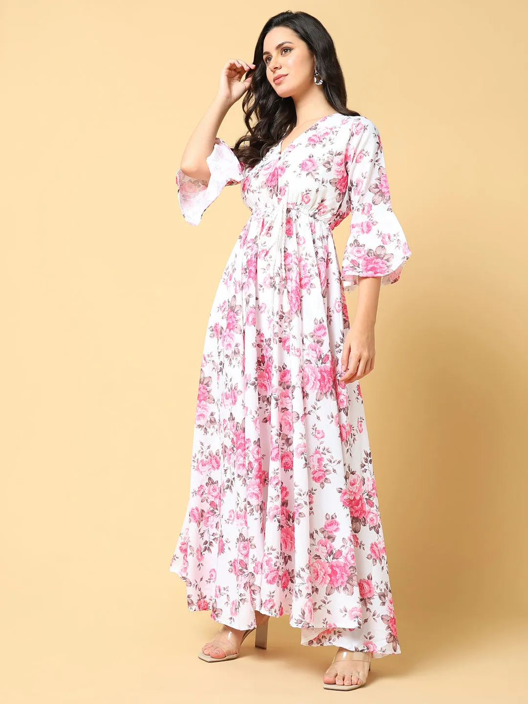 Women's Pink Floral Printed Bell Sleeve Fit & Flare Maxi Dress Smart Casual Drapey Fabric