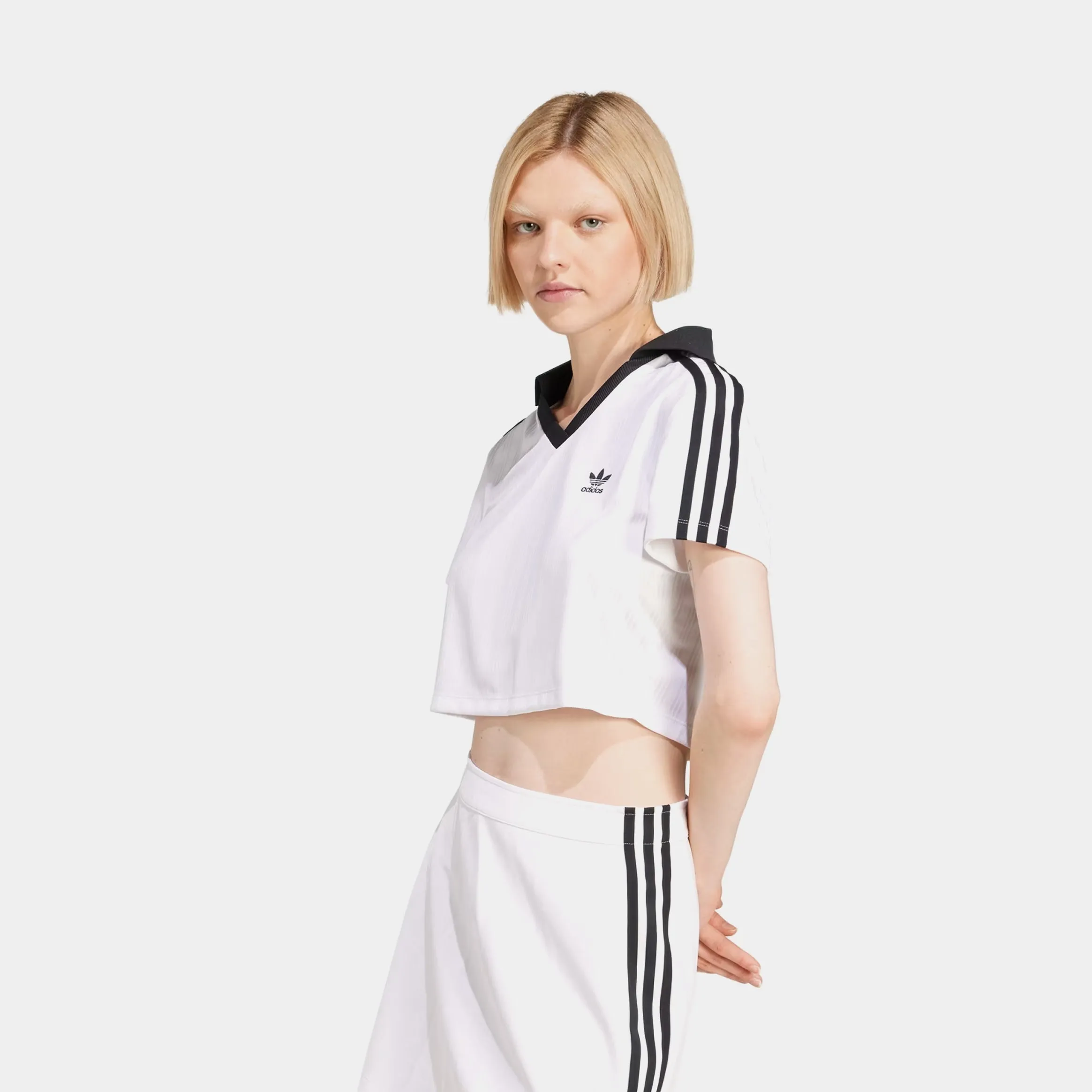 Sporty Design Adicolor Jacquard Crop Polo Womens Short Sleeve Shirt (White)