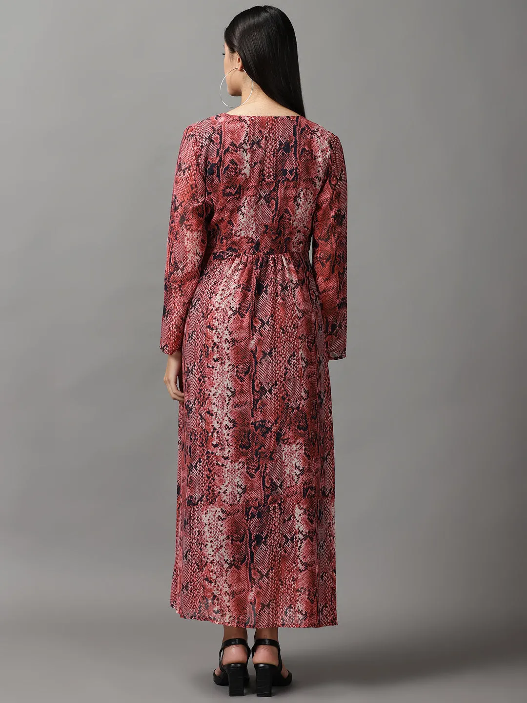 Beadwork packable Women's Pink Printed Chiffon Wrap Dress