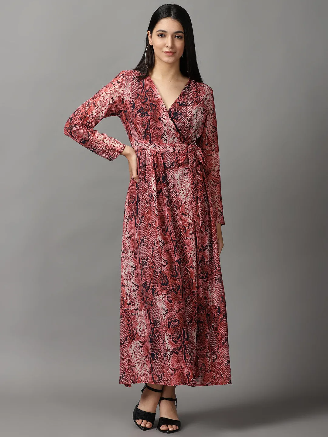 Everyday Piece Trendy Appearance Women's Pink Printed Chiffon Wrap Dress