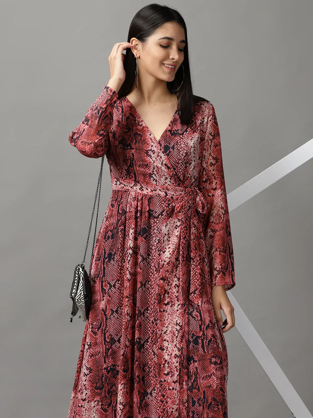 Women's Pink Printed Chiffon Wrap Dress Easy Comfort
