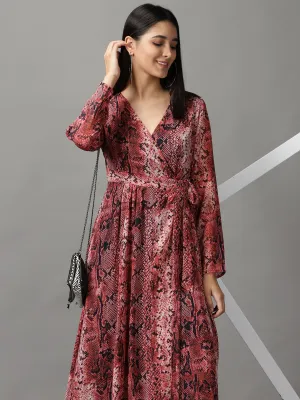 Women's Pink Printed Chiffon Wrap Dress Easy Comfort