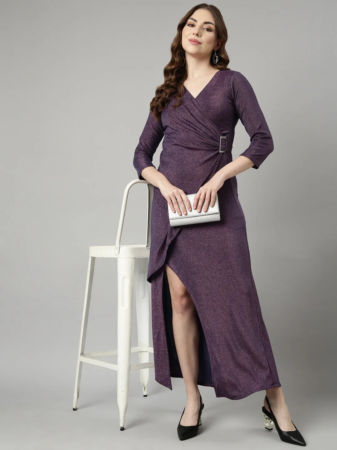 Women's Purple V Neck Three-Quarter Sleeves Warp Dress Elegant Piece Classic Vibe