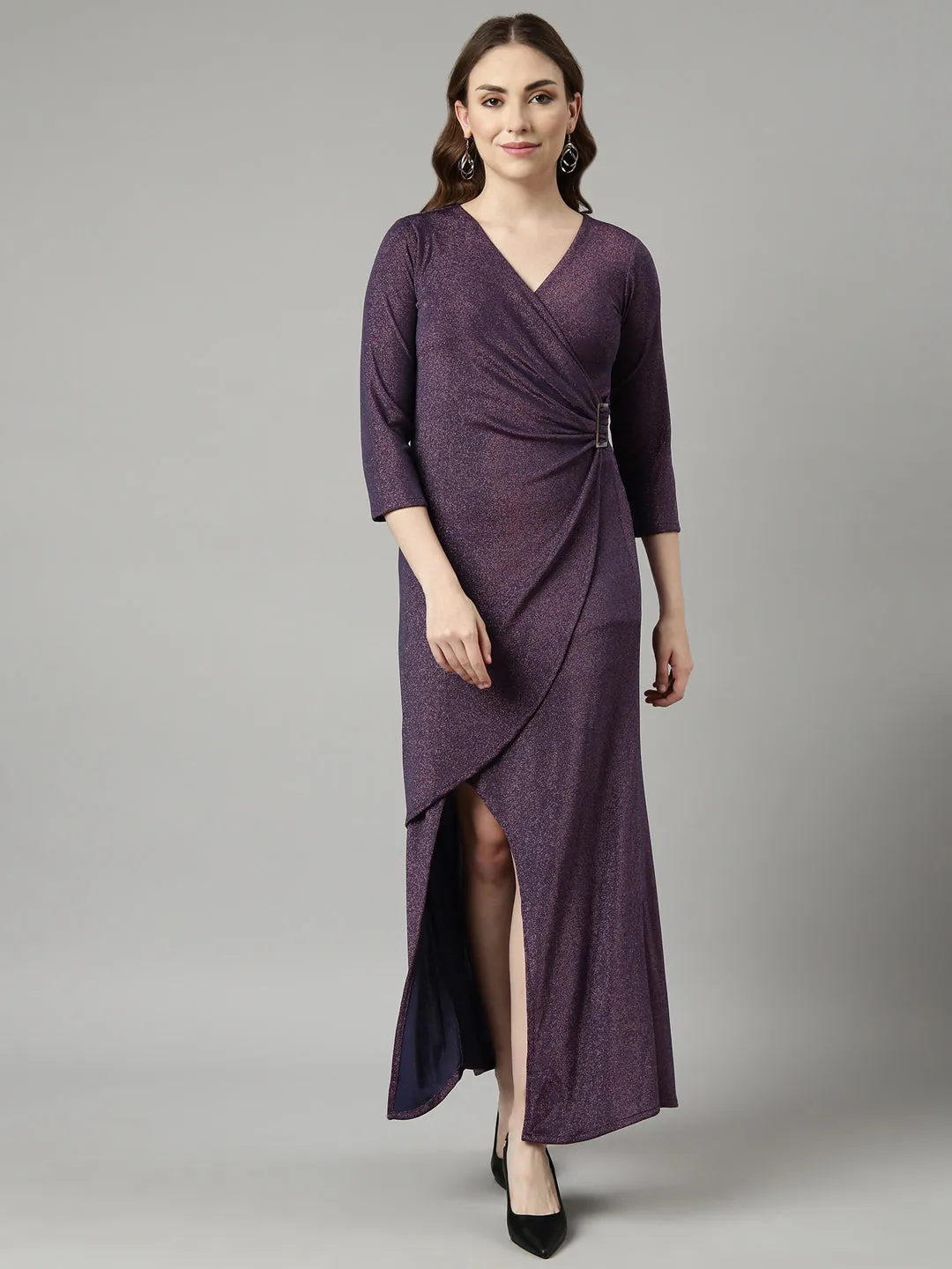 Shimmer-Finish Flattering Wearable Women's Purple V Neck Three-Quarter Sleeves Warp Dress