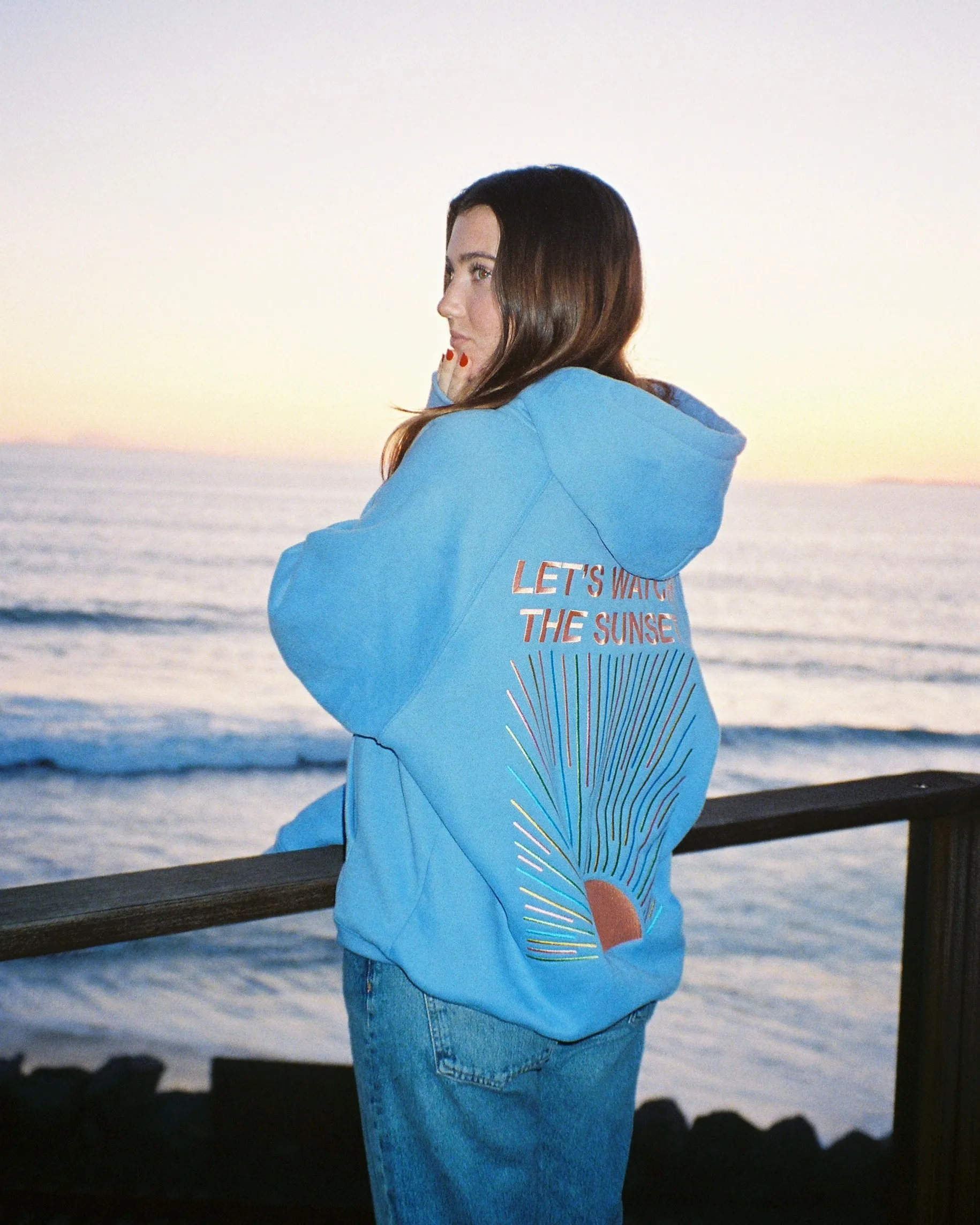 Yoga wear Vintage Style "Let's Watch the Sunset" Oversized Lux Hoodie in Blue