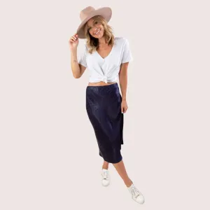 Soft & Silky Dot Jacquard Midi Skirt (Navy) Luxury Core