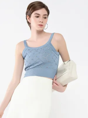 No Shrink Technology Trendy Basics Women's Blue Embellished Shoulder Straps Acrylic Top