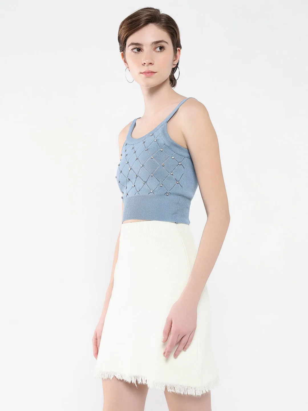 Women's Blue Embellished Shoulder Straps Acrylic Top Everyday apparel Soft and Lightweight