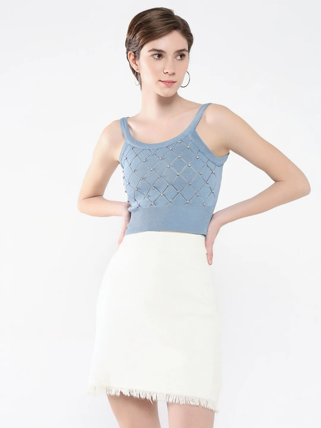 Women's Blue Embellished Shoulder Straps Acrylic Top Sleek Design Fit Fashion Forward