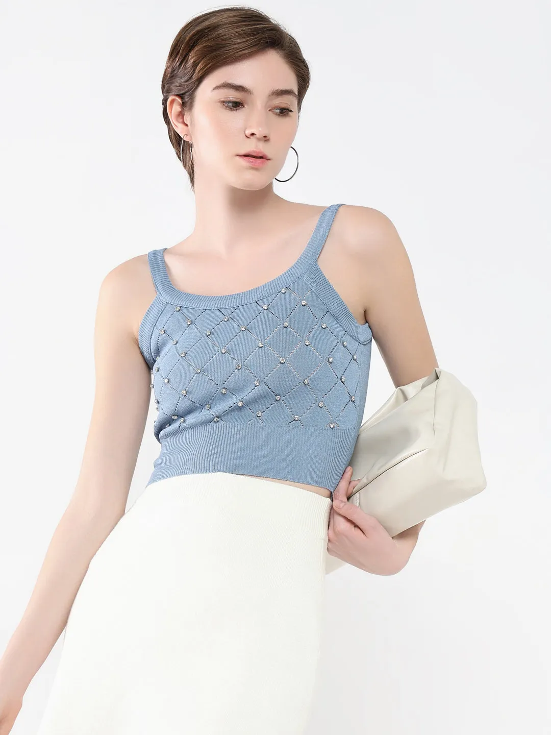No Shrink Technology Trendy Basics Women's Blue Embellished Shoulder Straps Acrylic Top