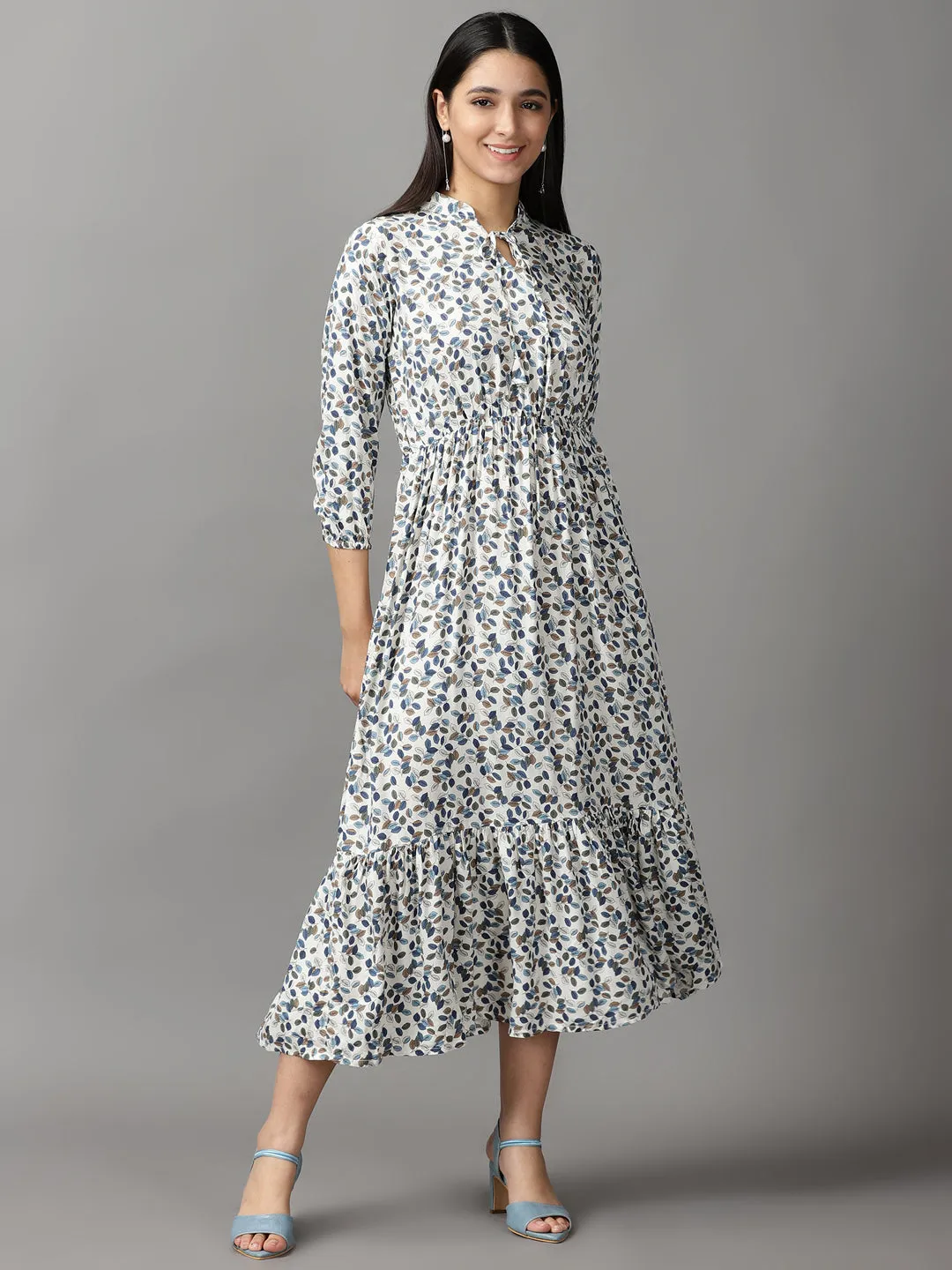 Autumn Look Women's Off White Tropical Fit & Flare Dress