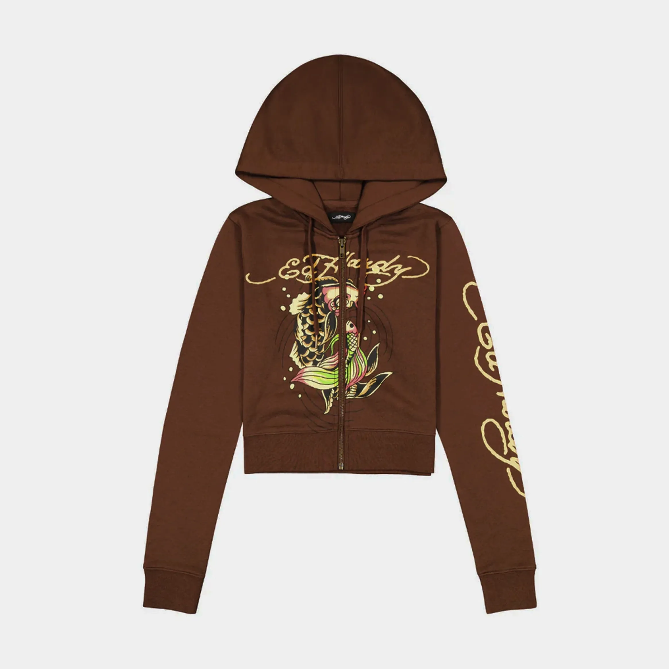 Koi Fish Full Zip Womens Hoodie (Brown/Yellow) All-Day Wear Fresh Relaxed