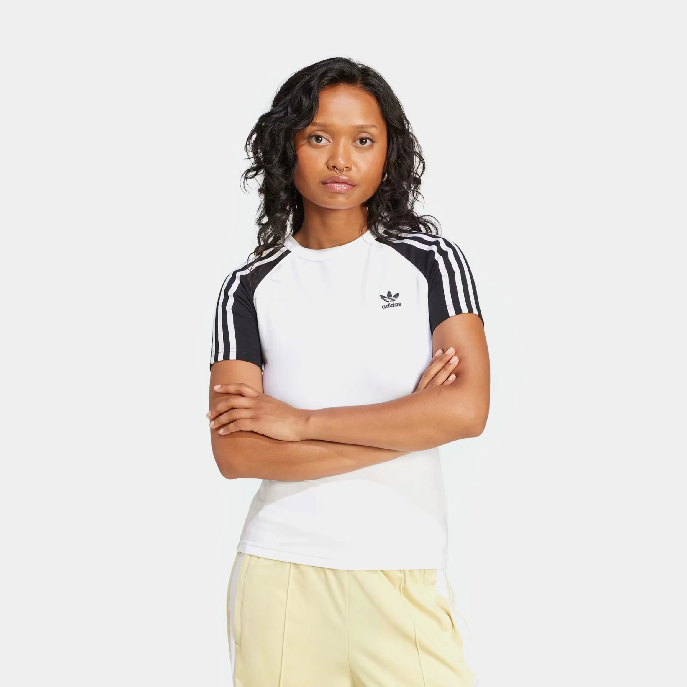 Adicolor 3 Stripes Raglan Slim Womens Short Sleeve Shirt (Black/White) Suburb Ease SustainableTextiles