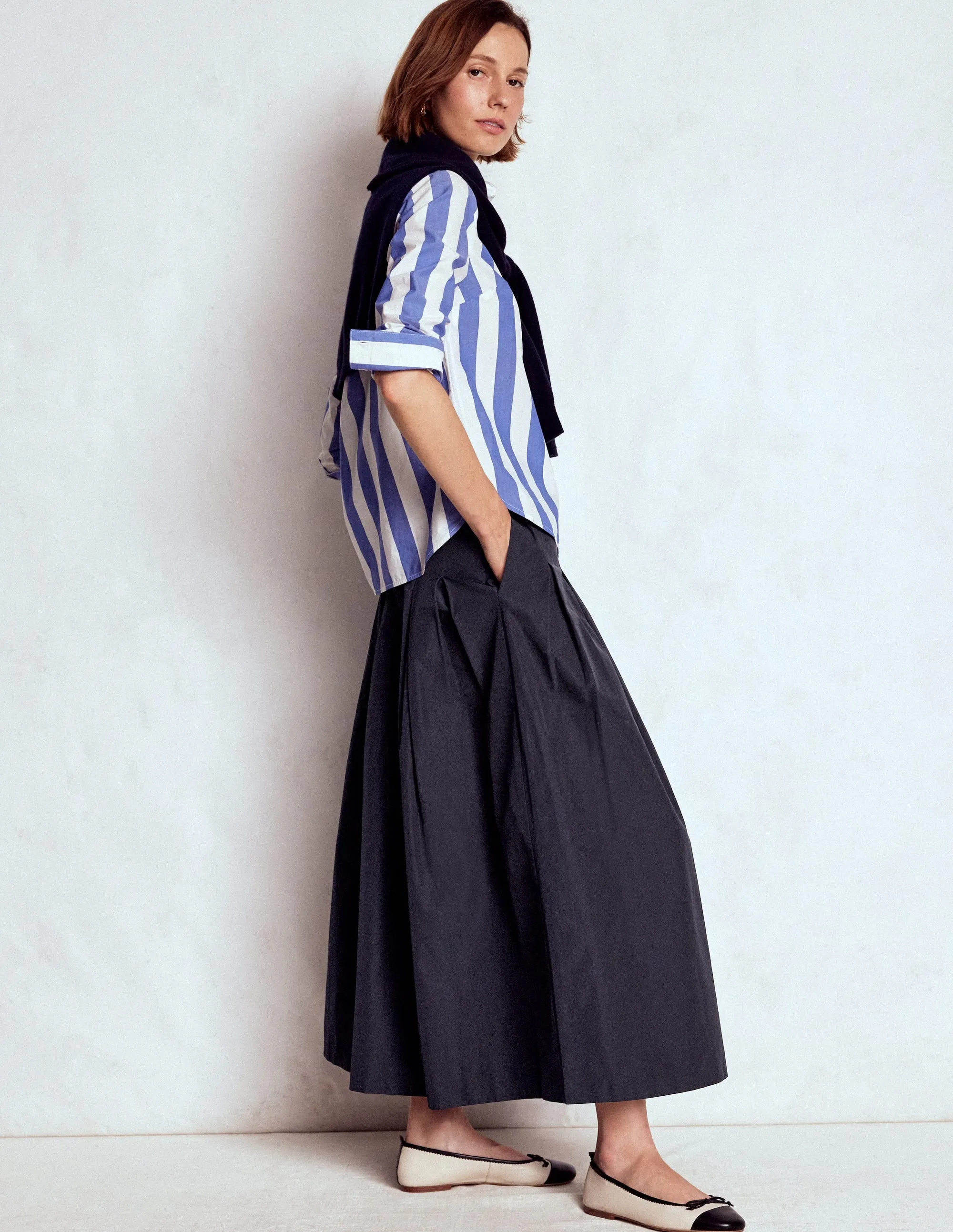 Shape Enhancing Built In Shorts Valentina Taffeta Midi Skirt-Navy