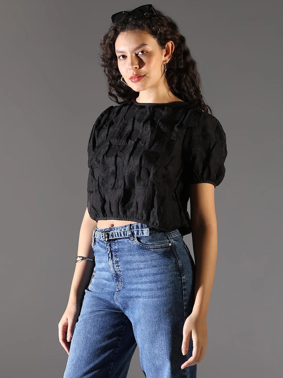 Breathable mesh Women's Black Puff Sleeve Chiffon Crop Top