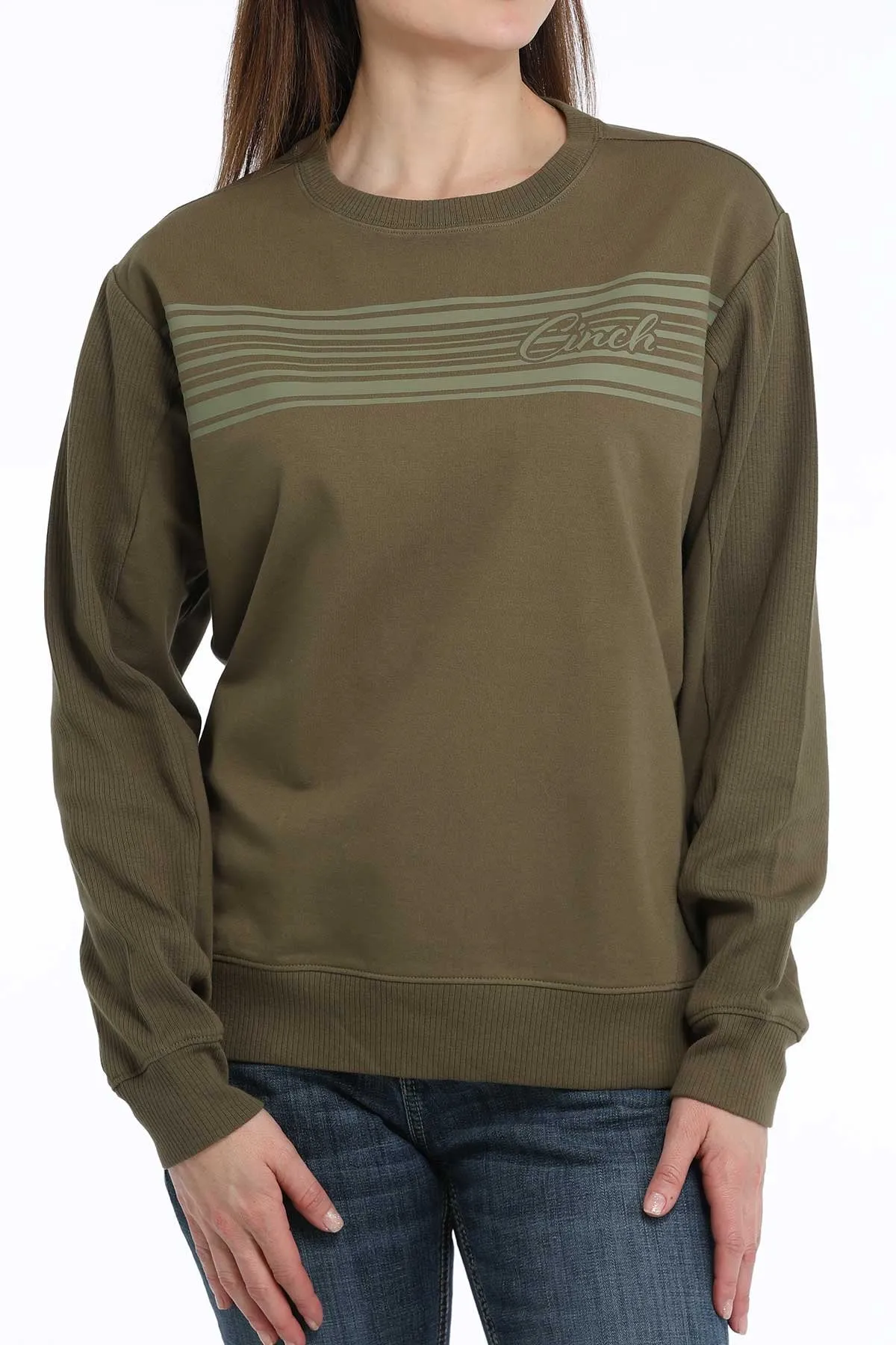 Cinch Women's Logo French Terry Pullover Sweatshirt in Olive All-day Comfort