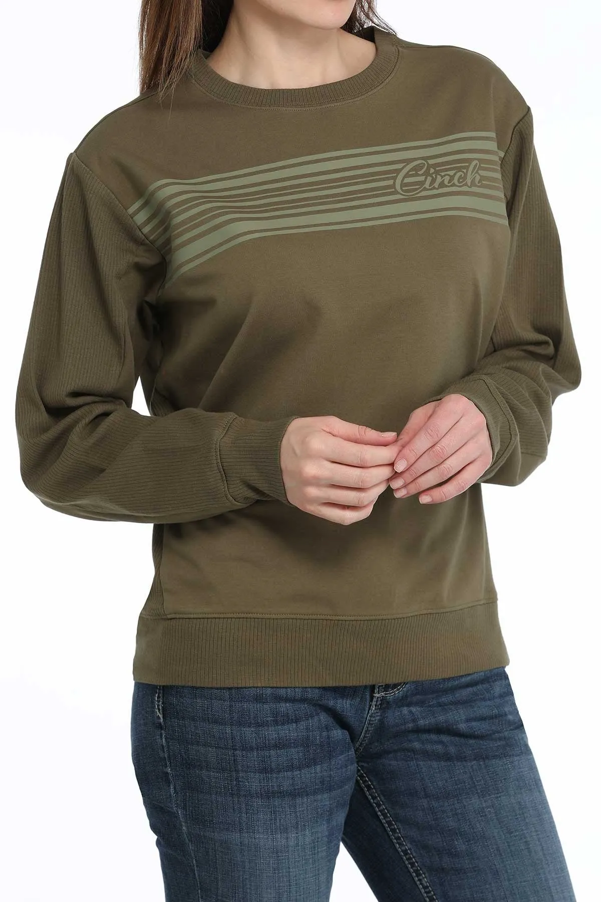 Home friendly anti wrinkling Cinch Women's Logo French Terry Pullover Sweatshirt in Olive
