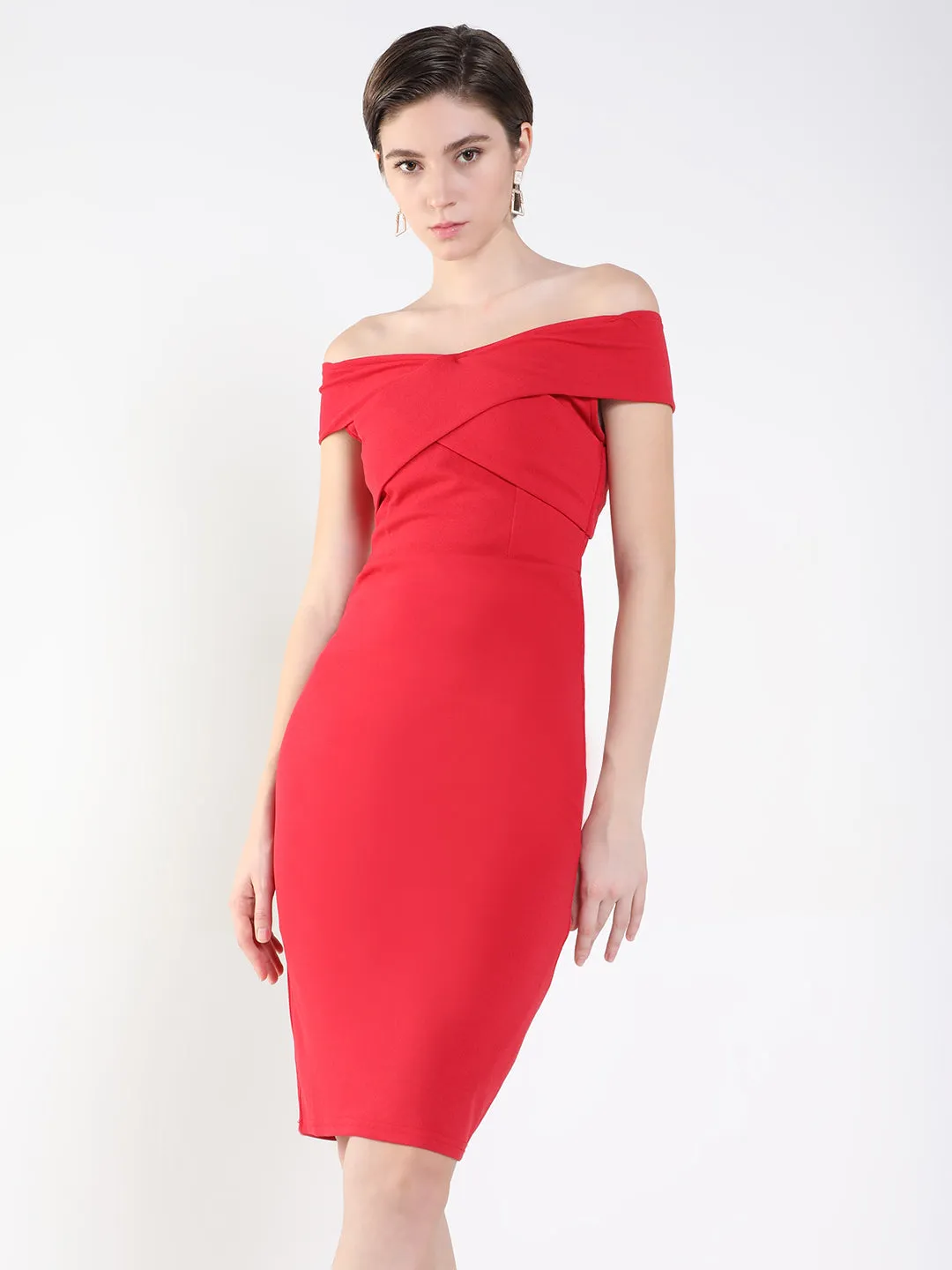 Drape Wave Rural Charm Women's Red Off-Shoulder Bodycon Dress
