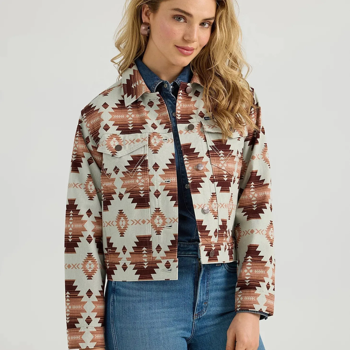 Wrangler Women's Southwestern Printed Crop Boyfriend Denim Jacket in Geo Brown Oversized Silhouette