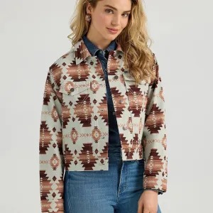 Wrangler Women's Southwestern Printed Crop Boyfriend Denim Jacket in Geo Brown Oversized Silhouette