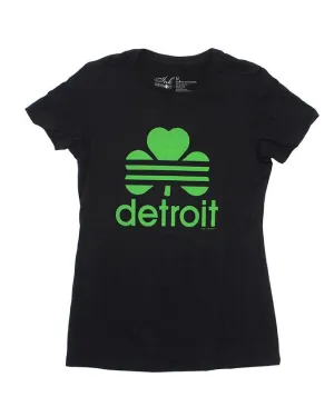 Ink Detroit Retro Cloverleaf Women's Junior Fit T-Shirt - Black Fade Resistant Dye