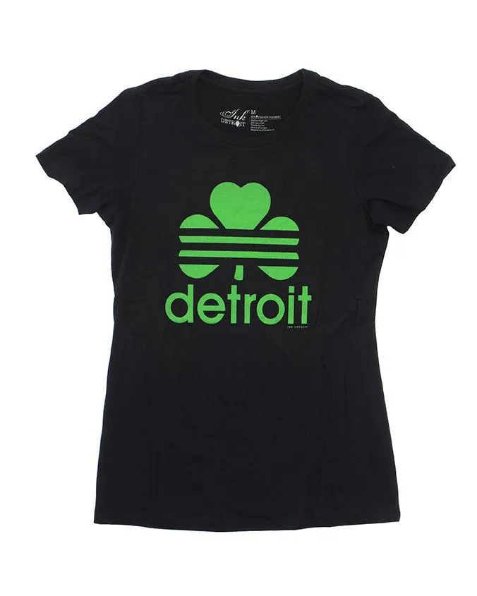 Ink Detroit Retro Cloverleaf Women's Junior Fit T-Shirt - Black Fade Resistant Dye