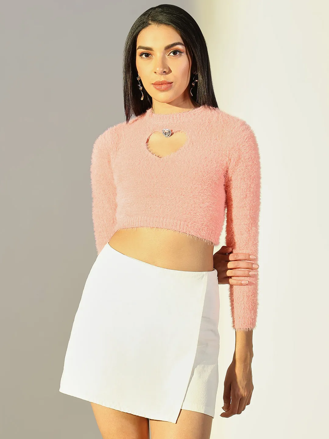 Premium Cotton Blend Women's Peach Fuzzy Full sleeves Crop Top with Heart Shape Key hole