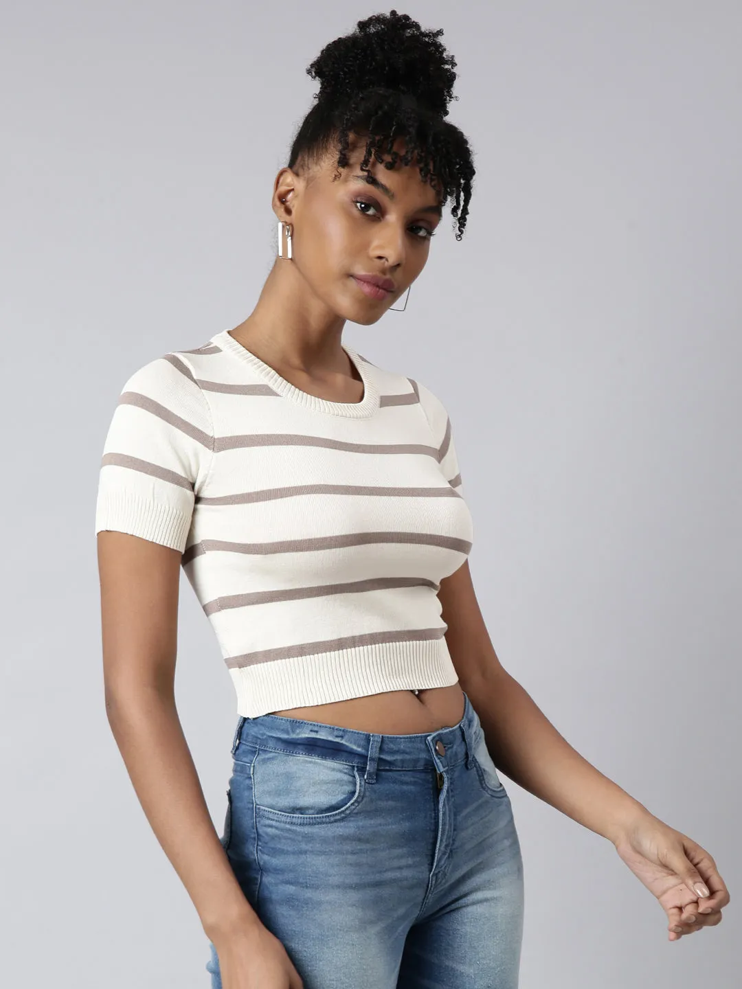 Women's Cream Horizontal Stripes Fitted Crop Top Light Fashion Fuzz Free Surface