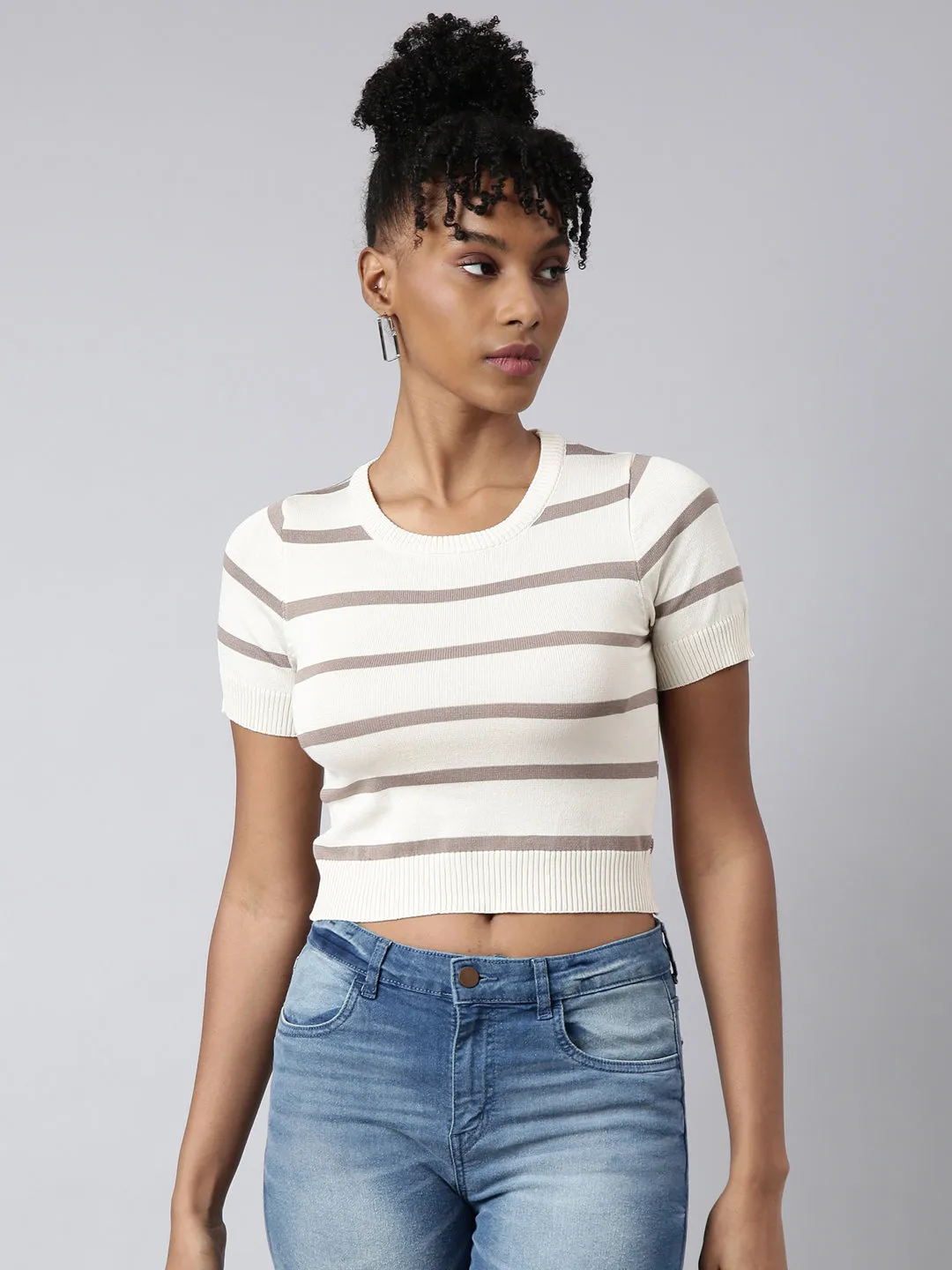 Stretchable Fabric UltraLightweight Women's Cream Horizontal Stripes Fitted Crop Top