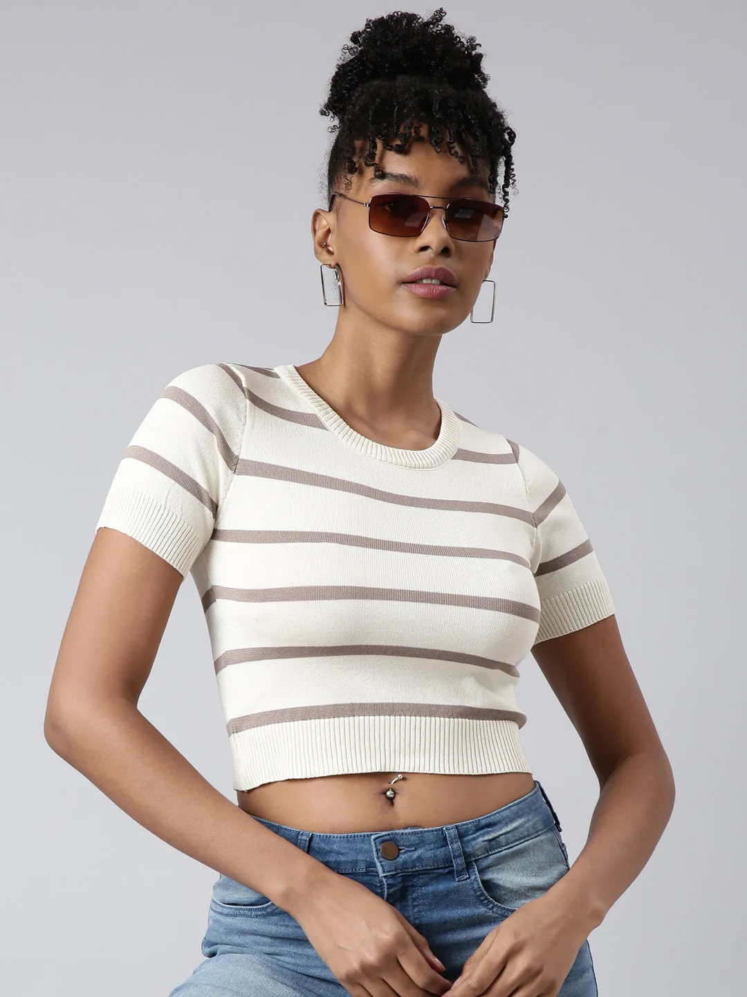 Women's Cream Horizontal Stripes Fitted Crop Top hypoallergenic material