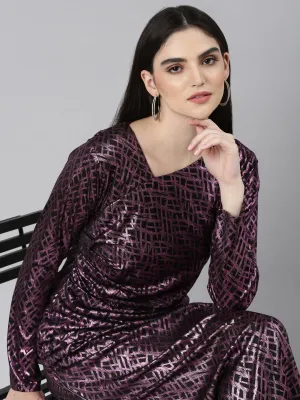 Women's Mauve Geometric Printed V-Neck Gathered Detail Fit & Flare Maxi Dress Summer Air