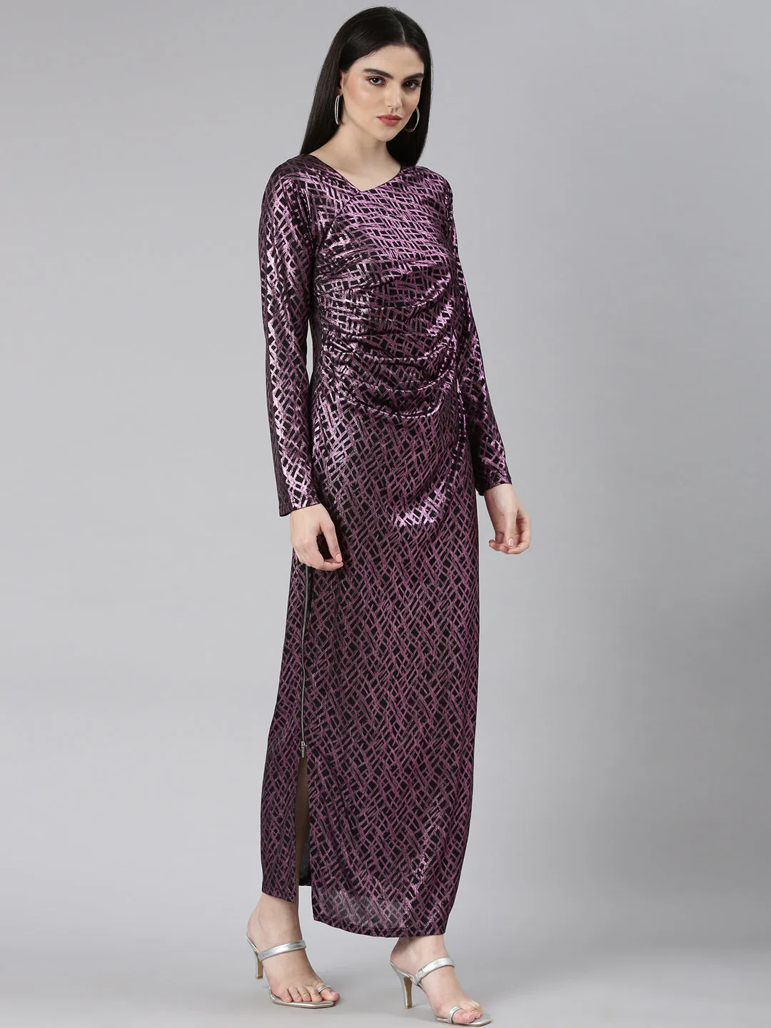 Polished Style Chic Tailoring Waist Women's Mauve Geometric Printed V-Neck Gathered Detail Fit & Flare Maxi Dress