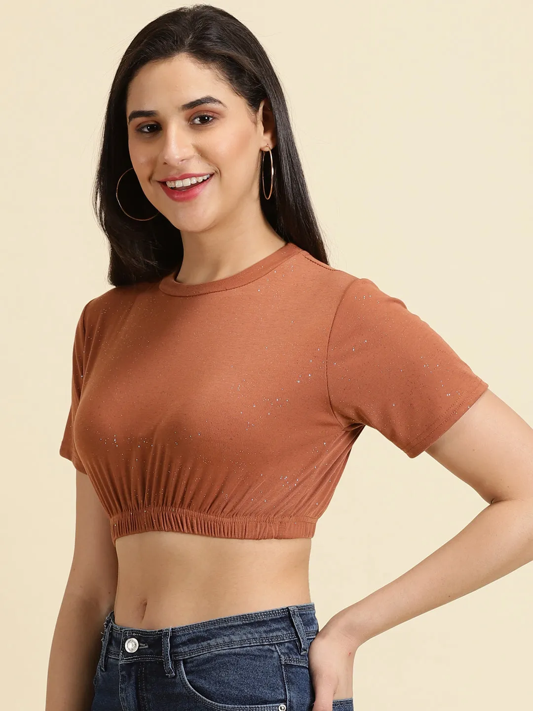 Women's Rust Embellished Crop Top Minimalist Style Comfort Stretch