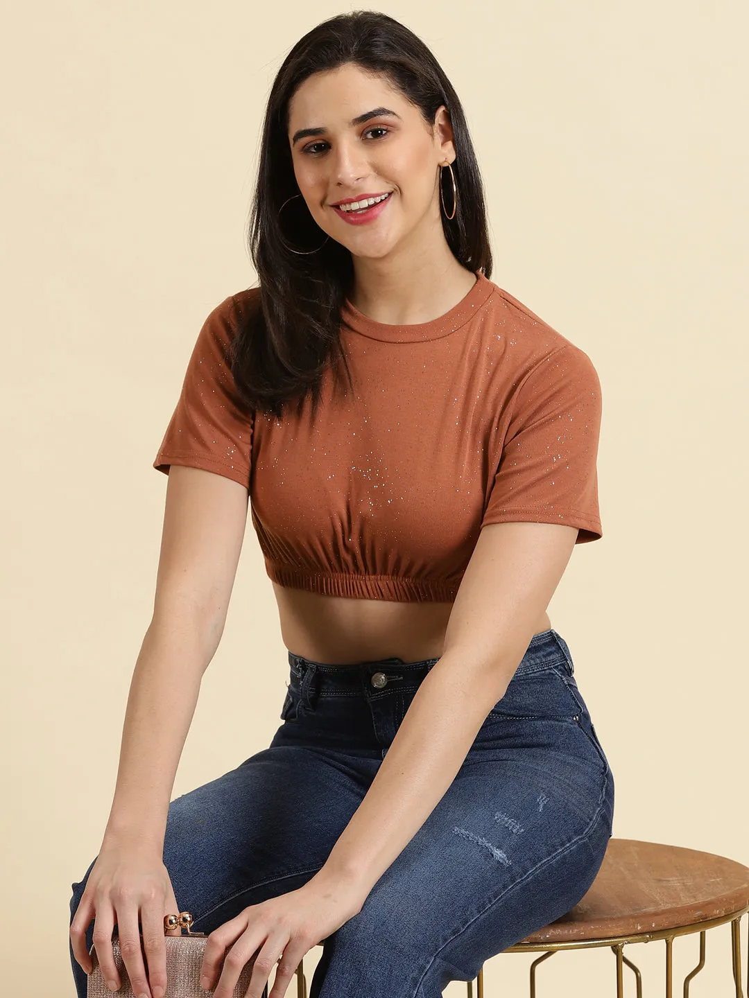 Women's Rust Embellished Crop Top All-Season Comfort Minimal Comfort Wear