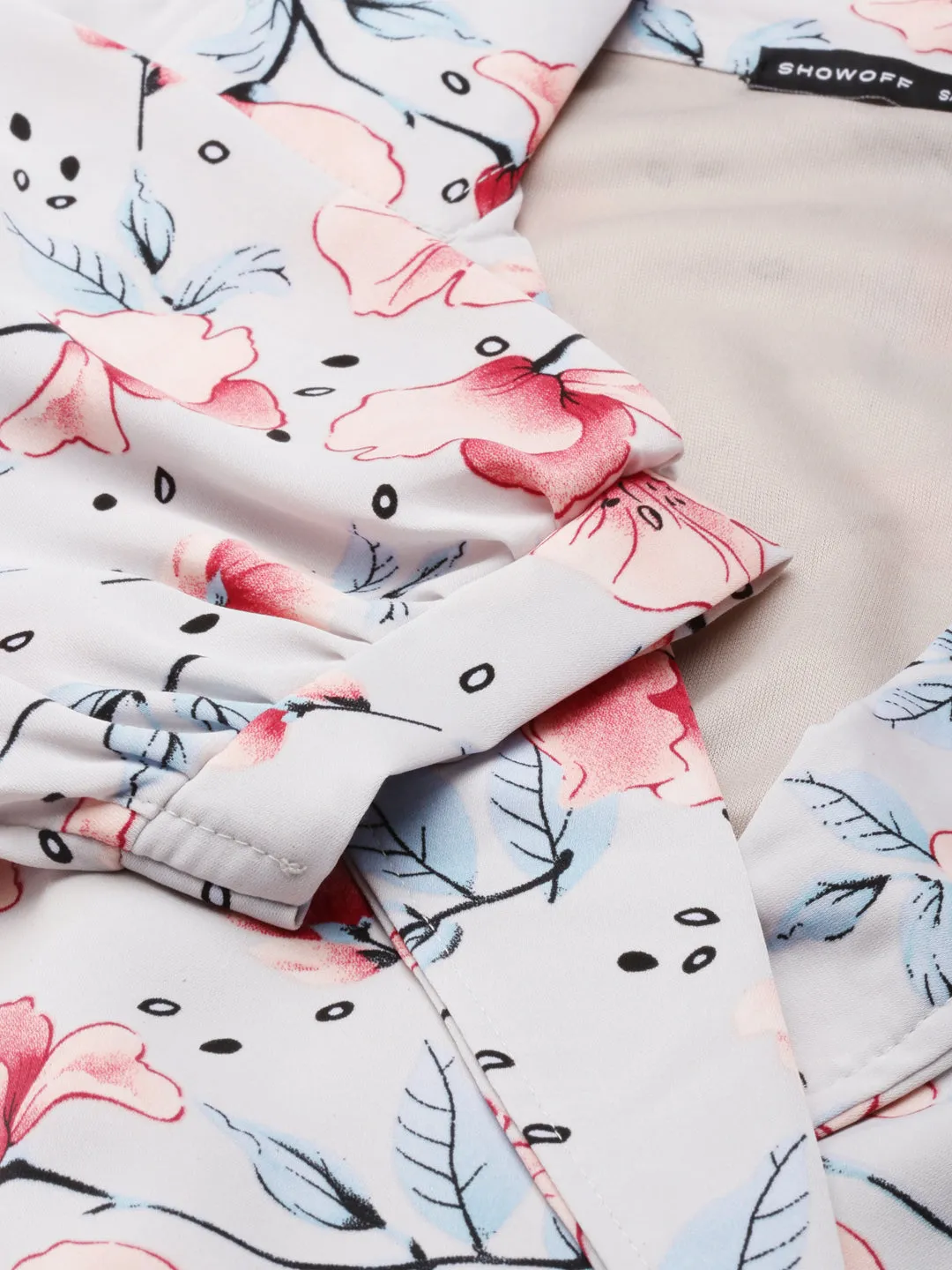 Women's Grey Floral Printed Puffed Sleeve Shirt Collar Crepe Wrap Crop Top Smart Casual Look