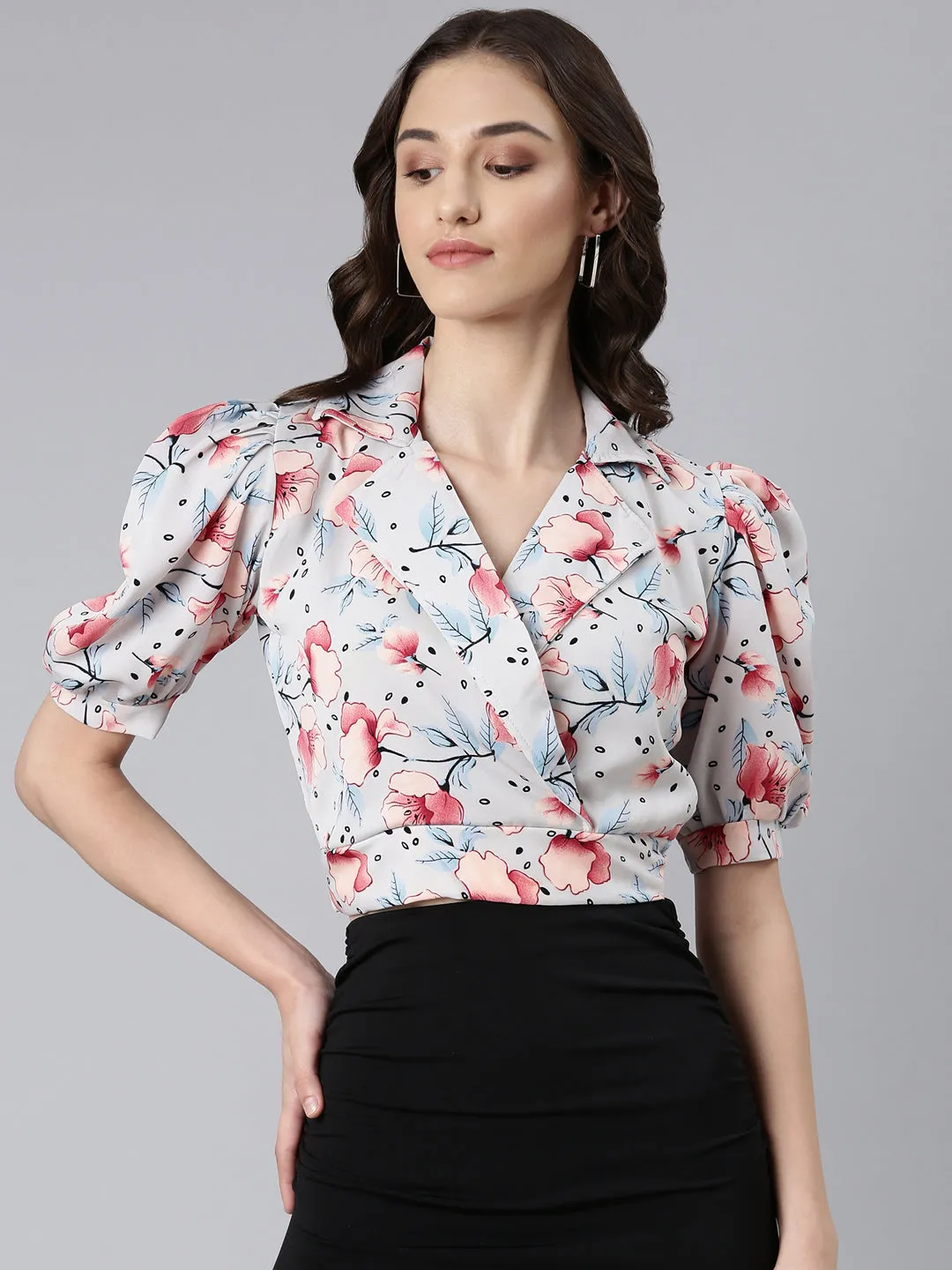 Heathered Fabric Women's Grey Floral Printed Puffed Sleeve Shirt Collar Crepe Wrap Crop Top