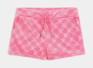 Style Basic Embroidered Hot Fix Velour Womens Shorts (Pink)