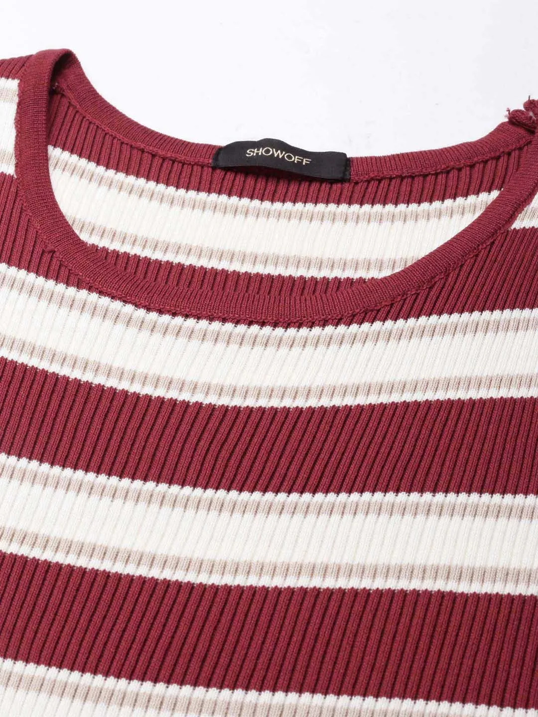 Inner Feel Women's Maroon Striped Bodycon Dress