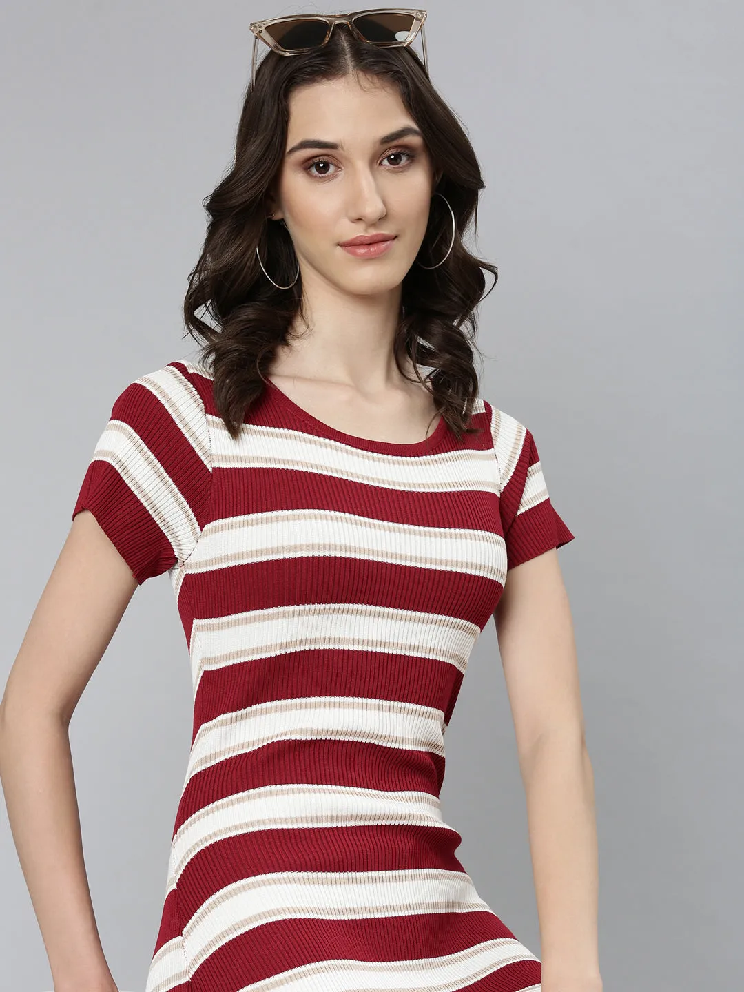 Women's Maroon Striped Bodycon Dress Timeless Wearable Everyday Layers