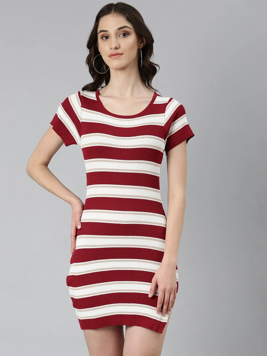 Natural Silhouette Statement Mood Women's Maroon Striped Bodycon Dress