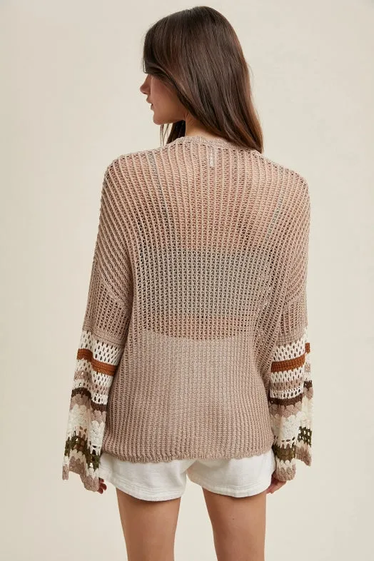 Non Restrictive Women's Multi-Color Sleeve Crochet Tie Front Cardigan in Mocha and Olive