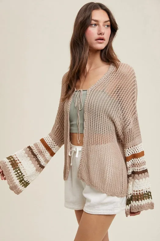 Non Chafing Fabric Women's Multi-Color Sleeve Crochet Tie Front Cardigan in Mocha and Olive